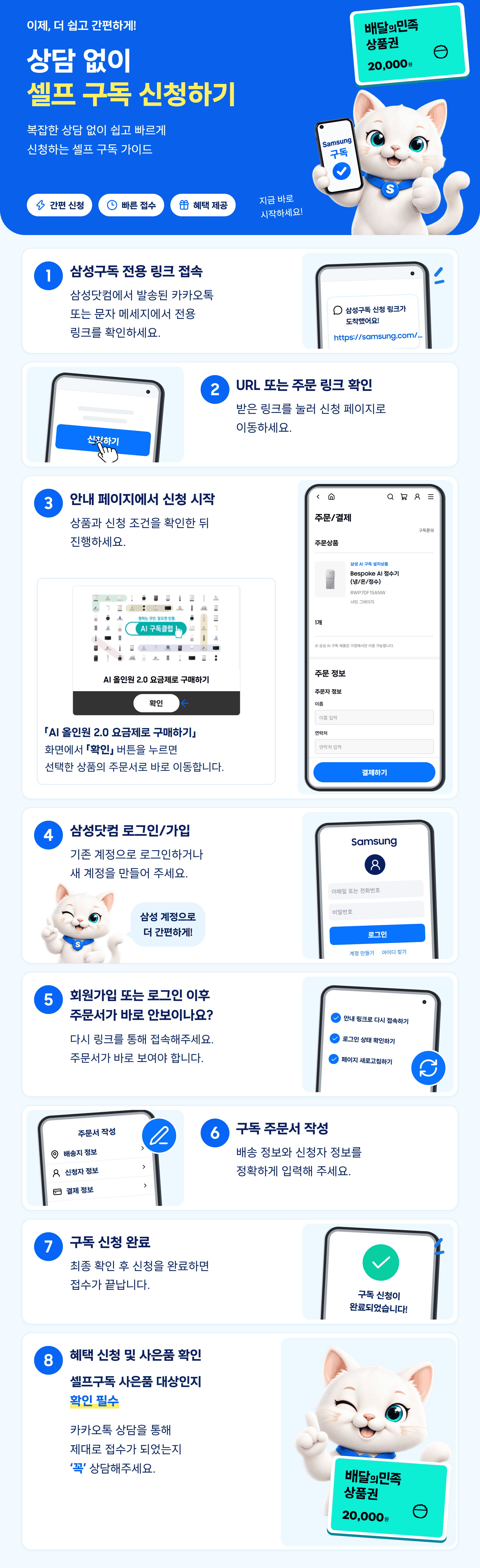상담 없이 셀프로 구독 신청하는 8단계 안내. 전용 링크로 접속하고 주문 링크 확인, RWP70F15ANW 모바일 주문 화면, 삼성닷컴 로그인 또는 가입, 주문서 재접속, 주문서 작성, 신청 완료, 사은품 대상 및 카카오톡 접수 확인. 배달의민족 상품권 2만원권 이미지 포함.